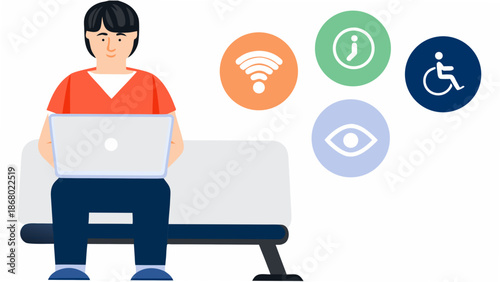 Young woman with laptop on bench with accessibility icons nearby