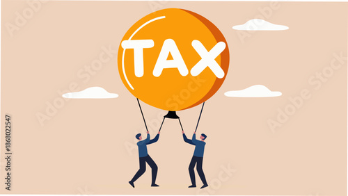 Two businessmen holding large orange tax balloon in air
