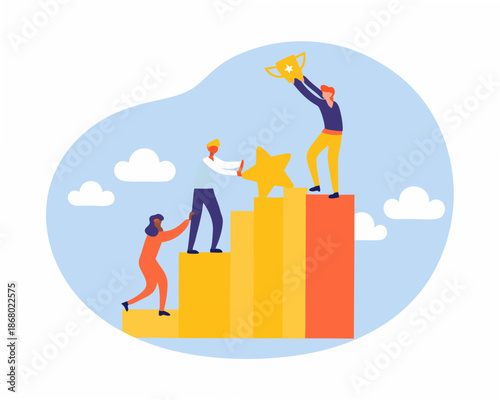 Team celebrating success with trophy and star on colorful steps