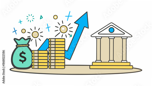 Financial growth with money bag and building