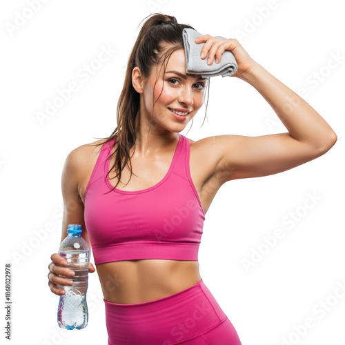 Sweaty young woman in pink sportswear wiping her forehead with a towel and holding a water bottle after workout isolated on transparent background