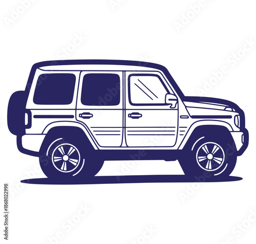Blue and white hand drawn vector illustration of a classic suv automobile isolated