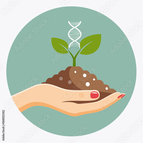 Bio-Engineering Concept with Human Hand Holding Soil Sprout and DNA Helix