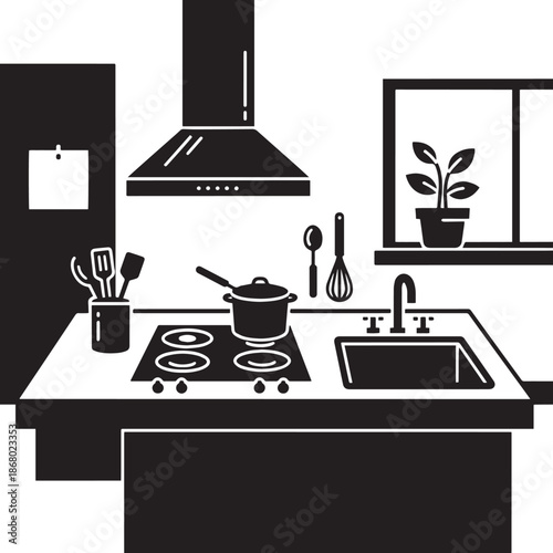 Black and white of a kitchen counter with stove sink and plant cooking faucet