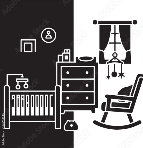 Black and white of a nursery room with crib dresser and rocking chair baby room