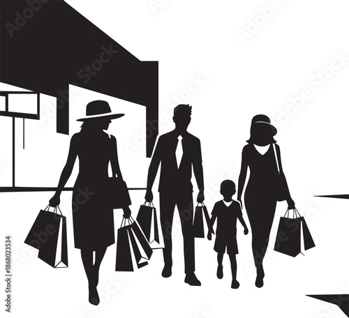 Black silhouette of a family with shopping bags walking in front of a building black and white