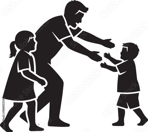 Black silhouette of a father reaching out to two children parent