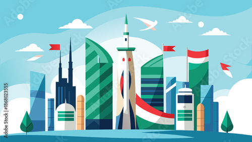 Colorful UAE National Day event with fireworks, flags, and people dressed in traditional clothing, symbolizing national unity..eps