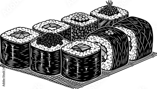 Black and white hand drawn vector illustration of sushi rolls set with maki, uramaki, and nigiri on a bamboo mat