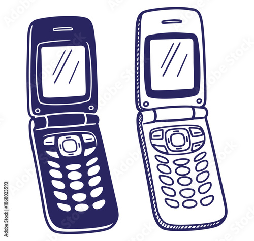 Hand drawn illustration of two open flip cell phones in a retro vintage style