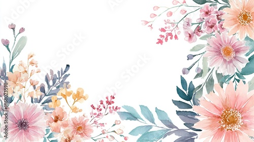 Soft watercolor floral border with colorful blossoms and leaves on a