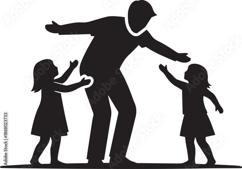 Father embracing two daughters reaching out with open arms black silhouette parent child