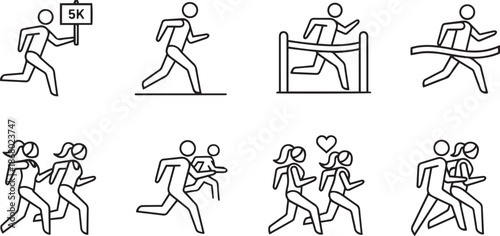 Running race showing finish line start line and couple running race 5k sign runner marathon