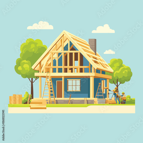 Construction Workers Building a New Wooden House. , vector style simple color