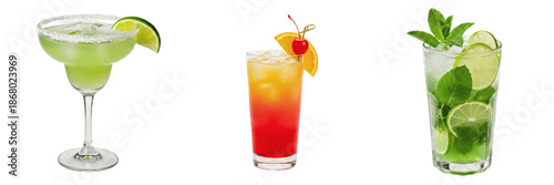 Konstfotografi Refreshing Cocktails and Mocktails in Glasses Isolated on White Background