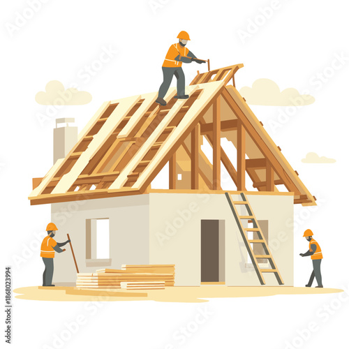 Construction Workers Building a New Wooden House. , vector style simple color