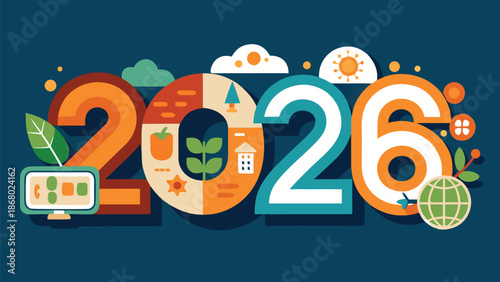 Colorful vector design wishing a happy New Year 2026, featuring fireworks and celebratory graphics..eps