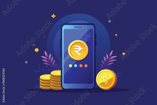 Mobile phone displaying the Indian rupee symbol alongside a stack of coins, representing currency and finance..eps