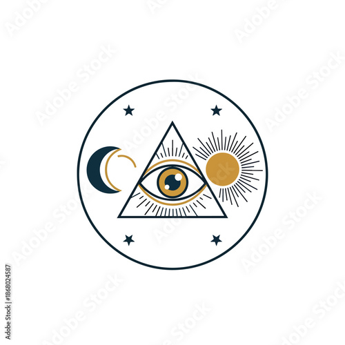 Boho vector illustration of mystical all-seeing eye pyramid with celestial sun and moon symbols