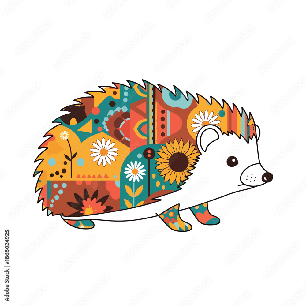 Naklejka premium Whimsical Boho Vector Illustration of a Hedgehog with Floral and Geometric Patterns