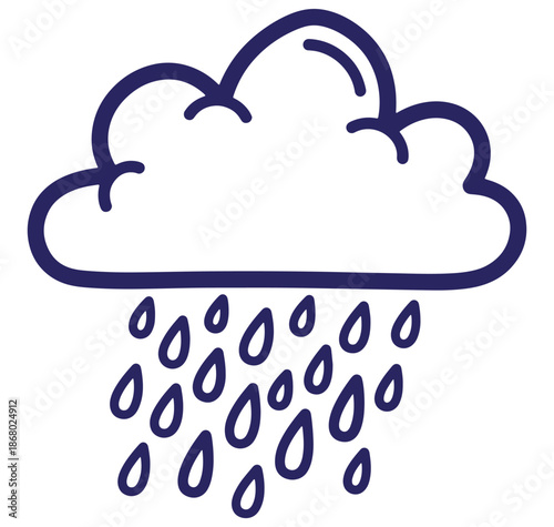Simple hand drawn illustration of a rain cloud showering raindrops on a white background