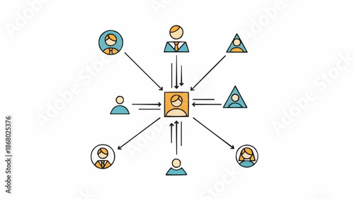 Network diagram showing connections between people and abstract shapes.