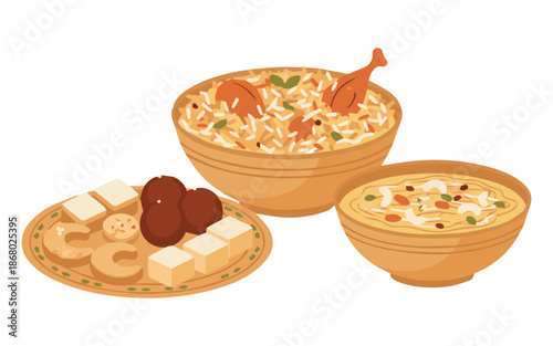 Delicious traditional Indian food with rice and desserts on plate