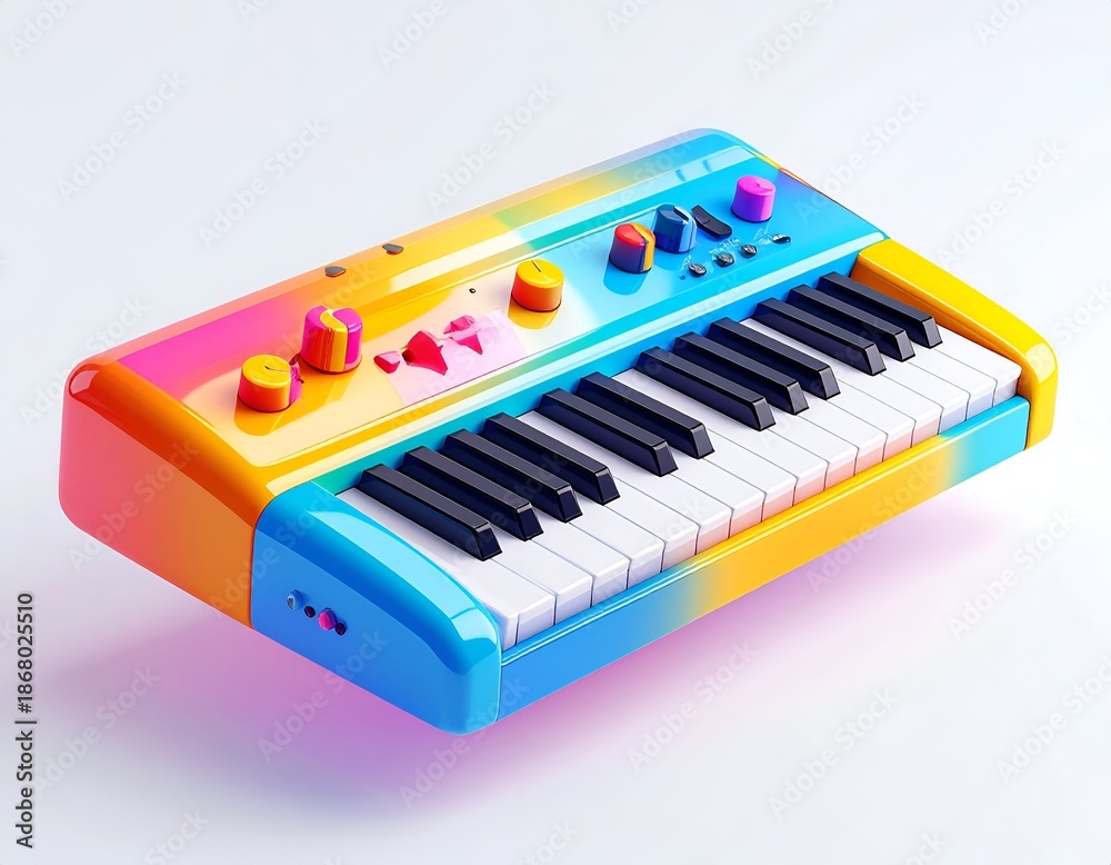 Fototapeta premium Rainbow-hued synthesizer with knobs and keys, angled in perspective