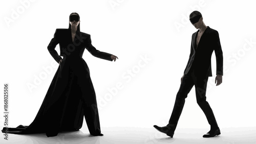 Fashionable Couple Posing in Dramatic Black Outfits.