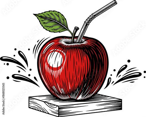 Fresh red apple juice illustration with drinking straw and water splashes, artistic hand drawn fruit vector for healthy beverage design.