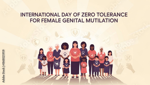 Diverse group of women and girls standing united against female genital mutilation on international day of zero tolerance with women empowerment
