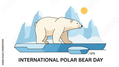 Polar bear standing on melting ice floe with icebergs and sun in background international polar bear day symbolizing climate change and conservation