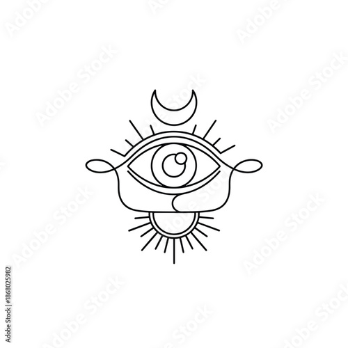 Boho Minimalist Celestial Eye Line Art Illustration with Mystical Sun and Moon Symbols