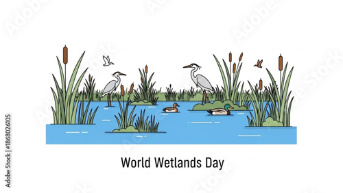 World wetlands day illustration with herons ducks and plants in a serene aquatic ecosystem with wildlife and conservation and environment and biodiversity
