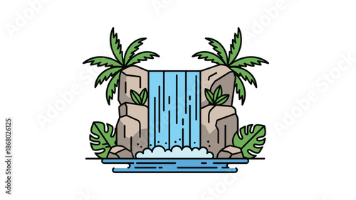 A picturesque waterfall cascading down rocks amidst lush green foliage and palm trees, with a pool of blue water at the base.