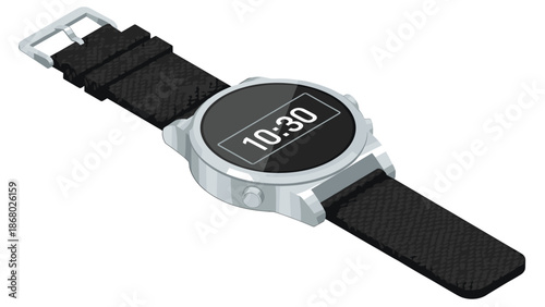 A modern smartwatch with a black textured strap and a digital display showing '10:30', presented in an isometric view on a white background.