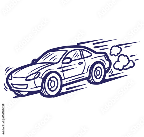 Vector illustration of a fast moving car with motion trails and clouds of smoke