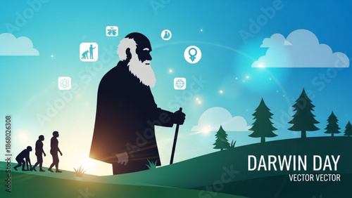 Charles darwin walking on a hill with evolution icons floating above him in a natural landscape with trees and a sunset with natural selection