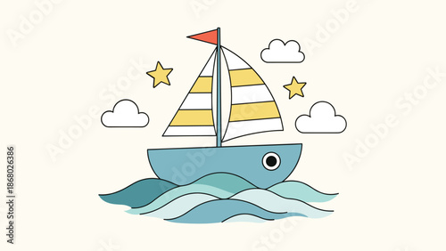 A simple, stylized illustration of a blue sailboat with yellow-striped sails, floating on wavy blue water under a sky with clouds and stars.