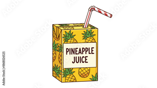 A yellow carton of pineapple juice, decorated with pineapple illustrations and the words 'PINEAPPLE JUICE', complete with a straw.
