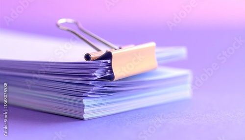 Close up view of a large stack of purple colored documents bound tightly together with a shiny golden binder clip on an aesthetic lavender desk background space to text. copy text.