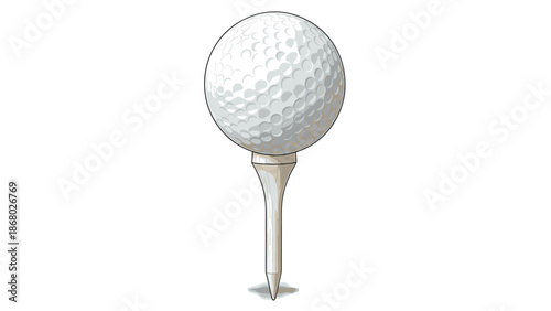 A white golf ball perched on a tall, light-colored golf tee, presented in isolation against a plain white background.