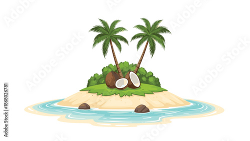 A tropical island scene with two palm trees, coconuts, lush green bushes, and clear blue water surrounding the sandy shore.