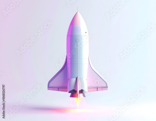 A sleek, modern spacecraft blasting off, illuminated by pink and yellow