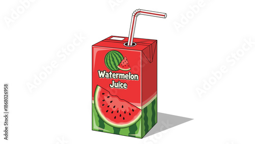 A red juice box with a straw, featuring watermelon slices and the text "Watermelon Juice", on a white background with a shadow.