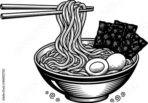 Hand drawn black and white vintage ramen bowl illustration with noodles, egg, nori, and chopsticks for restaurant menu design