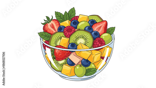 A transparent glass bowl overflowing with a vibrant mix of fresh fruit salad, including strawberries, blueberries, kiwi, mango, and grapes.