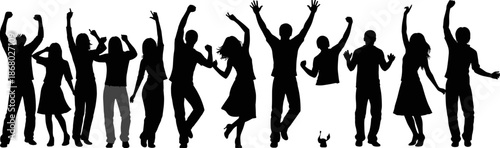 Silhouette of diverse happy people jumping and dancing in celebration of success, joy, and community unity on a white background