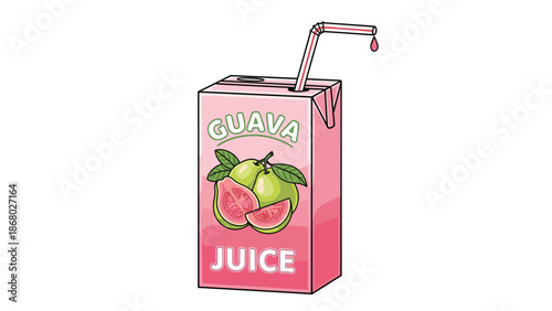 A pink juice box with a straw, labeled "GUAVA JUICE" and adorned with guava illustrations, on a white background.
