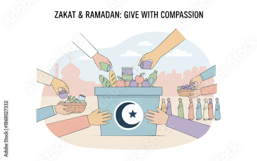 Compassionate people donating food and goods for Ramadan charity